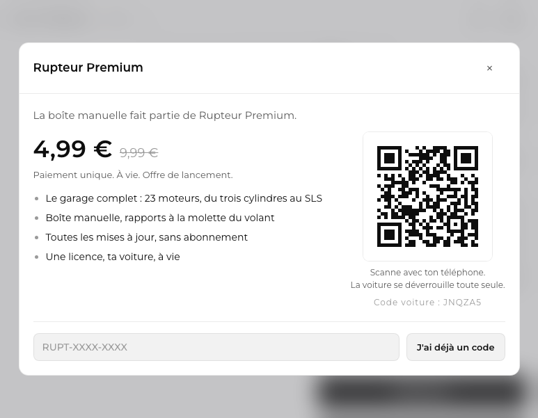 Le panneau Rupteur Premium sur l'écran de la voiture : 0,99 €, QR code d'achat, saisie de code en secours